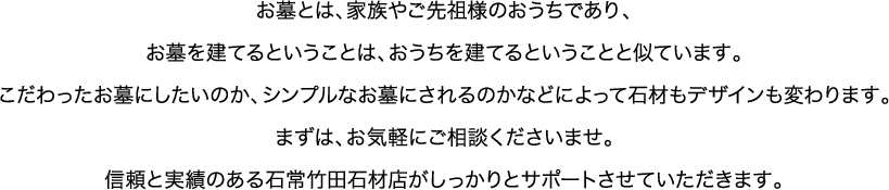 お墓とは、家族やご先祖様のおうちであり、お墓を建てるということは、おうちを建てるということと似ています。こだわったお墓にしたいのか、シンプルなお墓にされるのかなどによって石材もデザインも変わります。まずは、お気軽にご相談くださいませ。信頼と実績のある石常竹田石材店がしっかりとサポートさせていただきます。